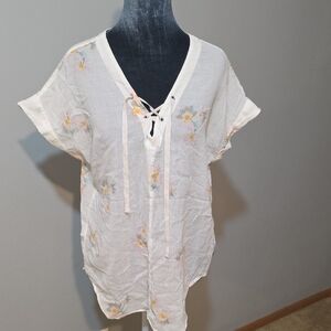 Eddie Bauer Sheer Gauze Top Women's S White Pastel Watercolor Floral Tie Neck